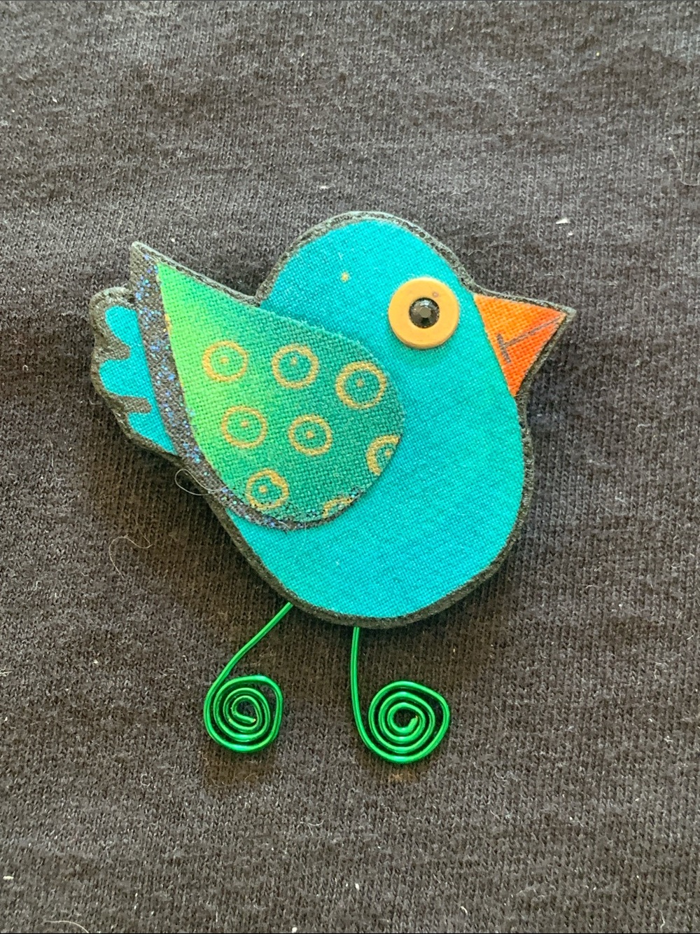 Handmade Teal Bird Pin Brooch - Teal and Orange